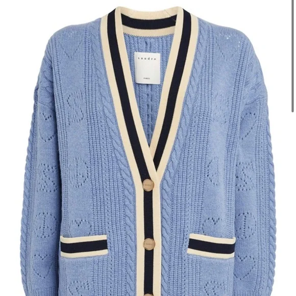 Sandro Blue Wool Erwan Pointelle Knit Women's Cardigan Sweater - Picture 3 of 11